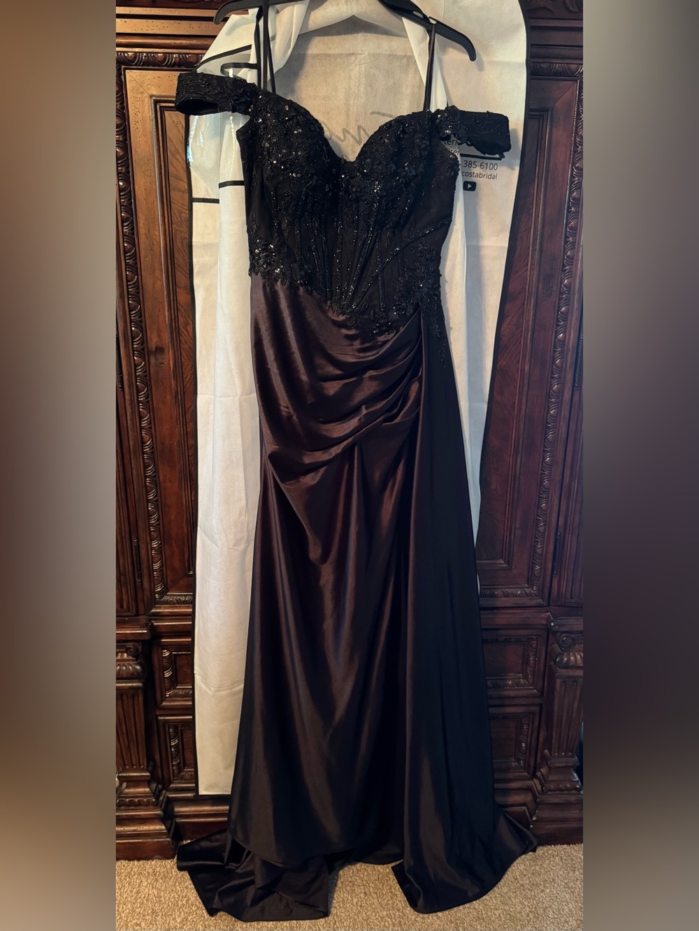 Off-Shoulder Black Beaded Satin Prom Gown